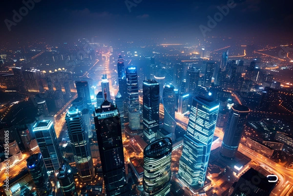 Fototapeta City Skyline at Night: Aerial View of Illuminated Skyscrapers