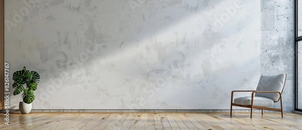 Fototapeta Spacious minimalist living room with a white empty wall, wooden floor, and a modern armchair positioned on the right