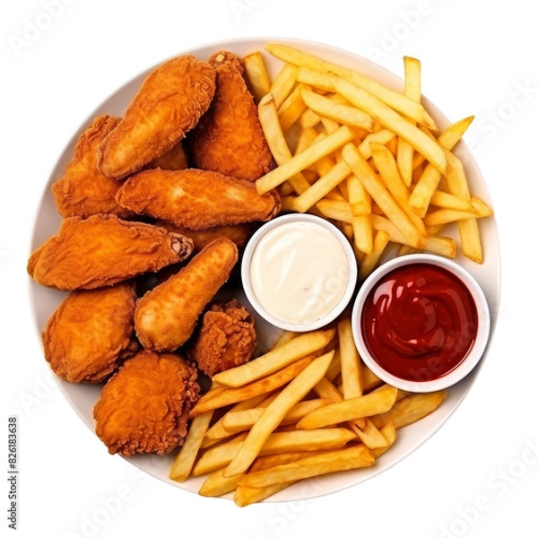 Fototapeta Fried Chicken Wings Nuggets and Fries Isolated on transparent background, png, cut out.