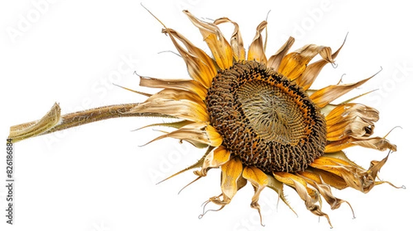 Fototapeta Close-up of withered sunflower showing intricate details of dried petals and seeds against white background.