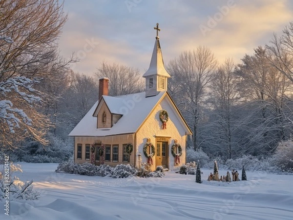 Fototapeta A small white church with a cross on top and a wreath on the door. The snow is piled up around the church, giving it a cozy and festive atmosphere