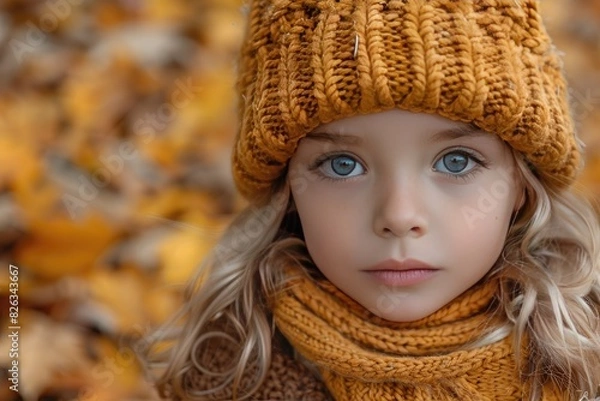 Fototapeta Autumn girl Portrait In Fall Yellow Leaves, Little Child In Woolen Hat, Beautiful Kid in Park Outdoor, Knitted Clothing for October Season