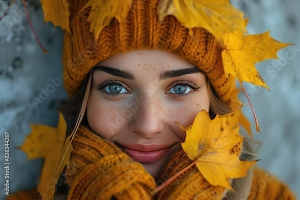 Fototapeta Autumn mood concept. happy smiling woman girl holding in her hands yellow maple leaves covering her eyes over gray wall background