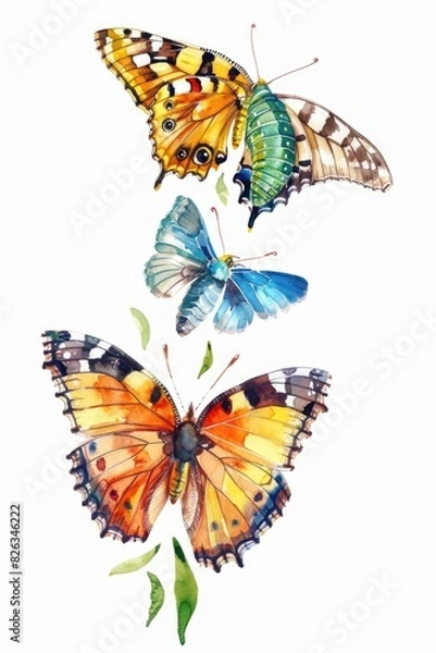 Fototapeta Three colorful butterflies on a plain white background. Suitable for various design projects