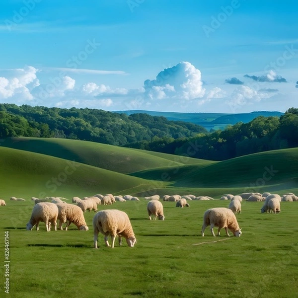 Fototapeta Serene countryside scene Lush green hills with fluffy white clouds