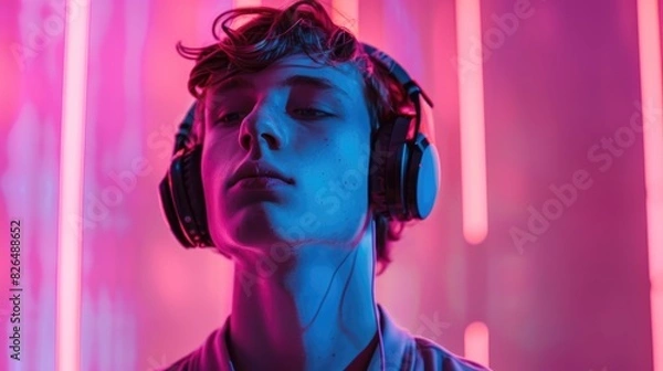 Fototapeta Youthful guy wearing headphones against a pink backdrop illuminated by neon lights