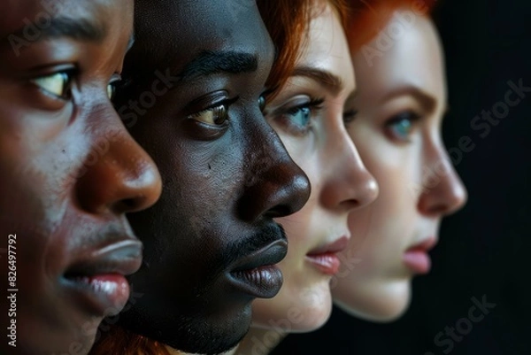 Fototapeta Profile view of a diverse group of individuals highlighting multicultural unity