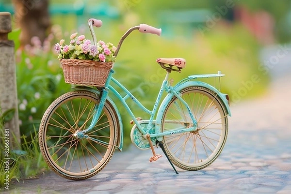 Fototapeta  A cute little blue bicycle with flowers in the background,