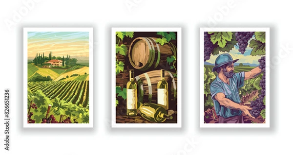 Obraz Vineyard Landscape and Winery Field with Villa Farmhouse. Hand Drawn Vector Illustration Poster Featuring Wine Cellar with Wooden Barrels, White Wine Bottle, and Man Harvesting Grapes