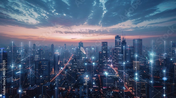 Fototapeta Smart city connected network at sunset. Futuristic cityscape with illuminated buildings and network connections, showcasing the concept of smart cities and digital transformation.