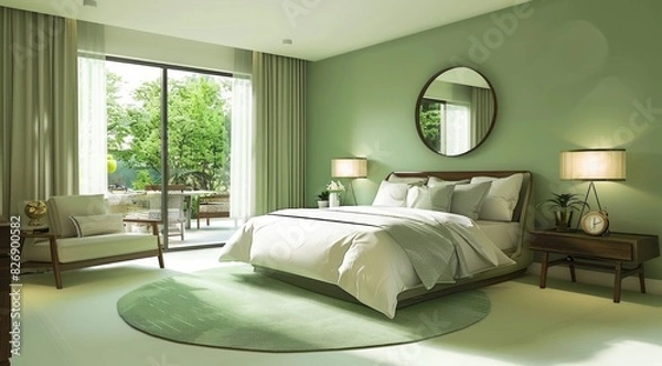 Fototapeta An inviting modern bedroom featuring soft mint green tones, modern furnishings, and a stylish green accent rug