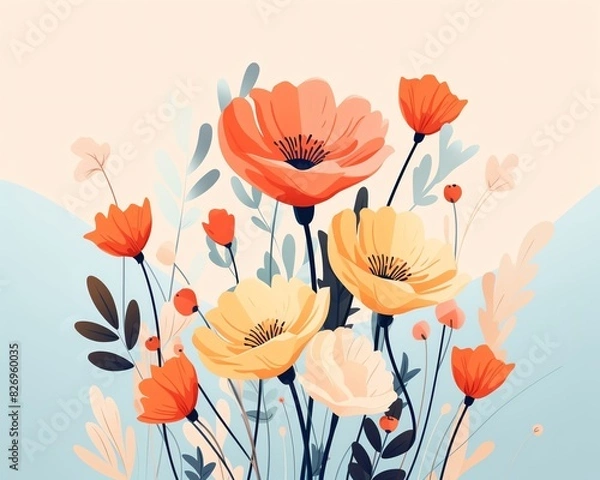 Fototapeta Beautiful illustration of orange and yellow flowers with leaves, artistic and elegant floral design, perfect for various creative projects.