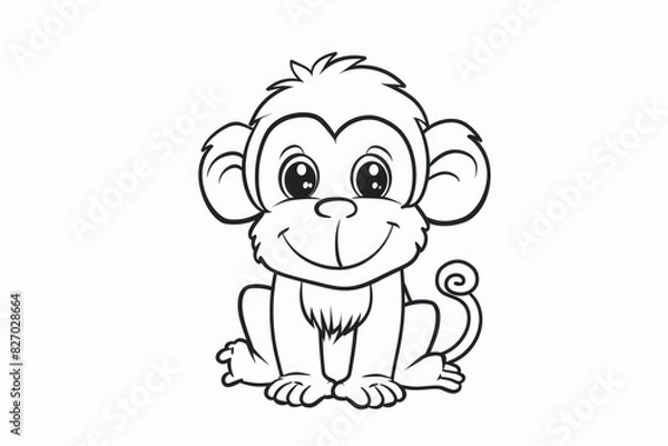 Fototapeta Black and white line drawing of a cute cartoon monkey in a seated position with a smiling face