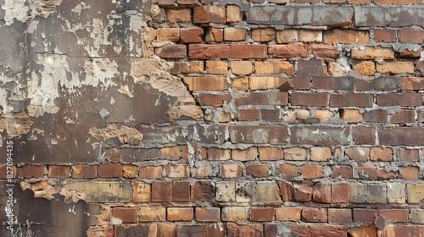 Fototapeta Vintage brick wall with patches of exposed bricks and crumbling mortar, capturing its weathered beauty