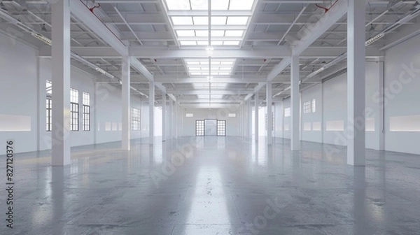 Fototapeta Minimalist white warehouse interior with an expansive, empty space and a pure white background, ideal for various setups