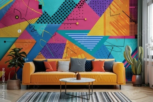 Fototapeta Abstract geometric wallpaper, bold colors like teal, orange, and magenta, dynamic shapes and lines, a modern and energetic vibe for a contemporary living room