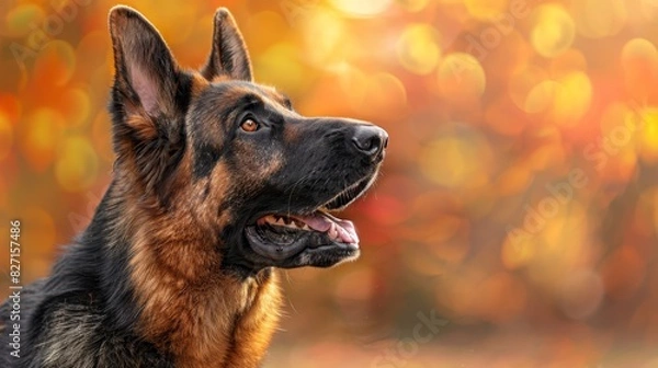 Fototapeta  A tight shot of a dog's expressive face, framed by a background of softly blurred autumn foliage and an orange-yellow tree