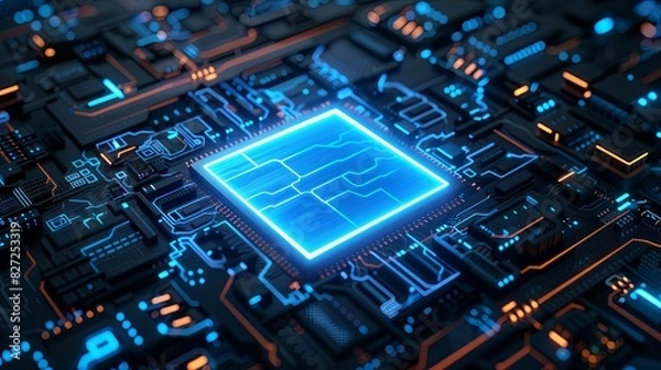 Fototapeta 3d render of glowing blue square frame on black background with circuit board pattern