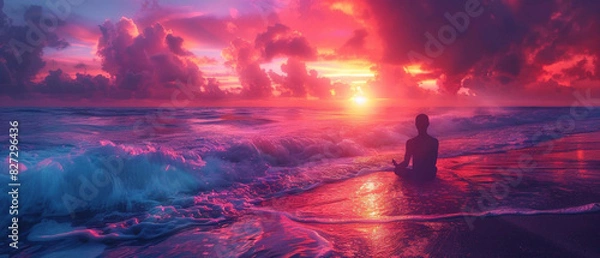 Fototapeta Surreal seascape, waves of vivid colors and psychic energy, meditating figure at the shore, PsychicWaves Themed,