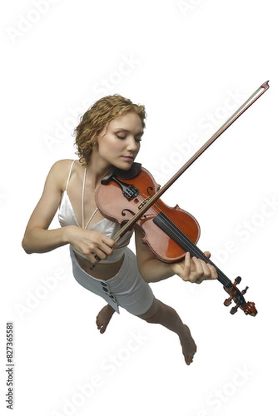 Fototapeta a young blonde female musician plays the violin with her eyes closed top view, isolated on transparent background, png