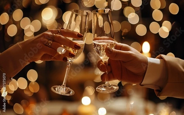 Fototapeta Celebratory Toast in a Blurred Background of Blurry Lights and Blurry Bubbles