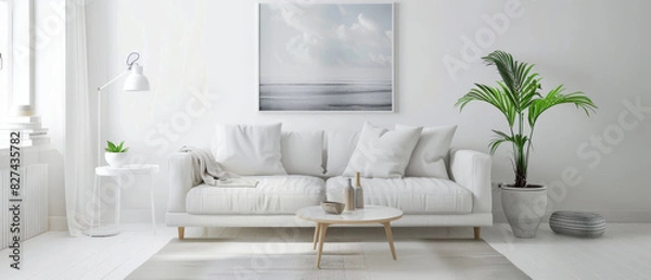 Fototapeta Clean and stylish living room with white wall and minimalist artwork