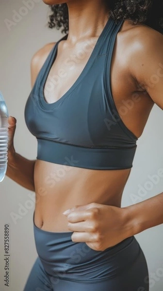 Fototapeta Closeup of a person in a sports bra and leggings holding a water bottle, with a visible toned midsection