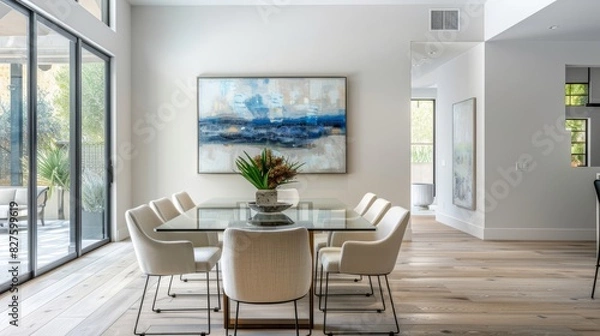 Fototapeta A dining area with a glass table,  simple chairs,  and a single piece of art