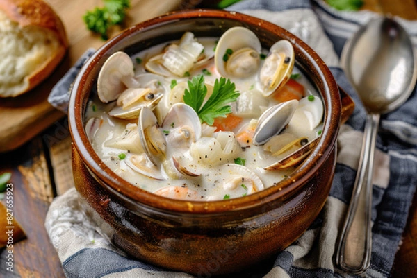 Fototapeta Hearty Clam Chowder Served in a Rustic Earthenware Bowl with Fresh Bread