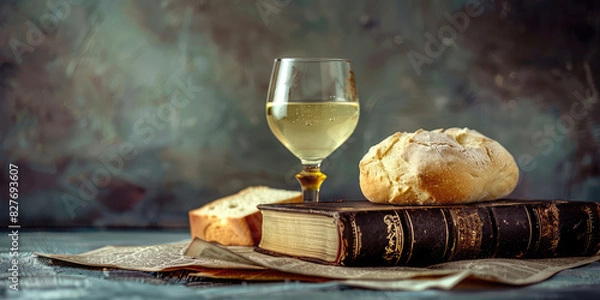 Fototapeta Eucharistic symbols. Composition of Lord's supper symbols: Bible, wine glass, bread on the table background. 