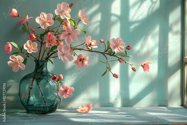 Fototapeta stilllife in front of a mint green wall a bit sunlight from the rigth side a few spring flowers in a vase on a table very realistic style --ar 3:2 --style raw --stylize 750
