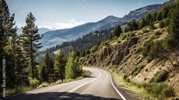 Fototapeta asphalt wavy mountain road green trees clouds vacation.