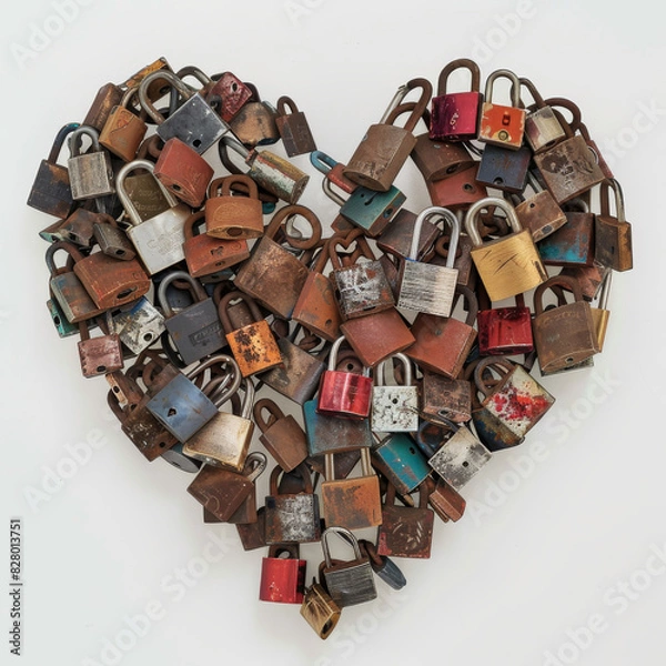 Fototapeta Heart-shaped arrangement of padlocks on a white background