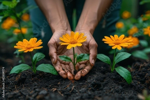 Fototapeta Hands holding young plants in rich soil, symbolizing growth and nurturing in a garden setting