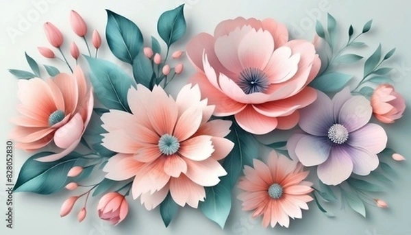 Fototapeta Flowers in the style of watercolor art. Luxurious floral elements, botanical background prints and invitations, postcards. Beautiful delicate flowers 3D illustration created with generative ai.