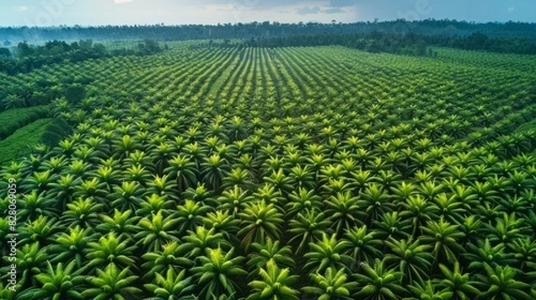 Obraz aerial view panorama of a vast oil palm plantation, emphasizing the orderly patterns of the palm trees and the contrast between the lush green of the palm leaves and the surrounding terrain.