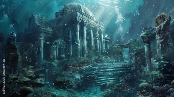 Fototapeta Underwater civilization with mermaids and ancient ruins beneath the ocean