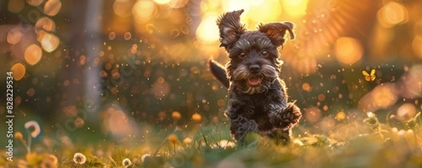 Obraz Puppy running joyfully through field at sunny backlight. banner