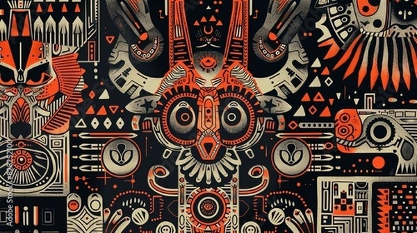 Fototapeta Craft a unique fusion of Mesolithic Art with a Cybernetic Zoo theme, featuring intricate patterns and symbols inspired by ancient cultures