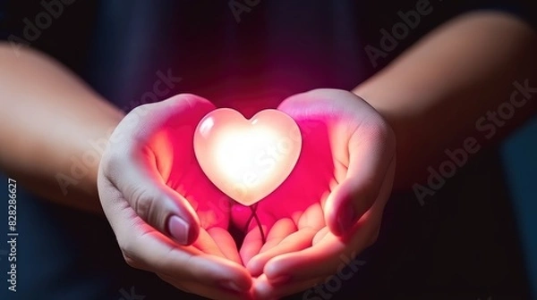 Obraz close up of female hand holding love sign with neon line