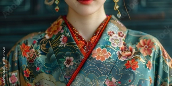 Fototapeta Close up of a woman wearing a kimono with floral patterns