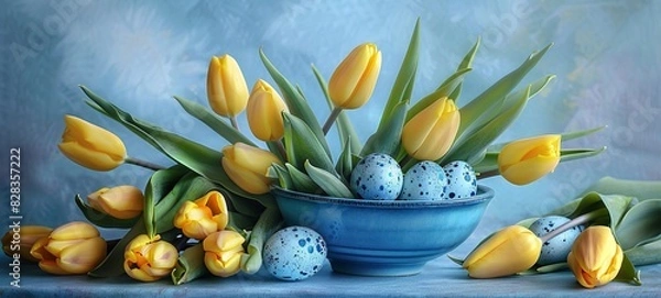 Fototapeta Springtime Vignette with Yellow Tulips, Eggs, and a Blue Bowl