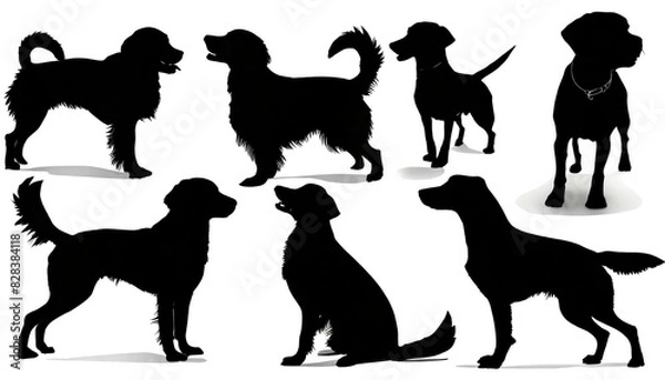 Fototapeta schwarze Silhouette Kontrast Hund set Collection isoliert auf weißen Hintergrund, Freisteller