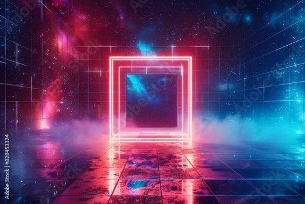 Fototapeta 3d render abstract red blue neon background. Glowing linear volumetric cube in the middle of the city street under the starry night sky. Digital futuristic wallpaper 