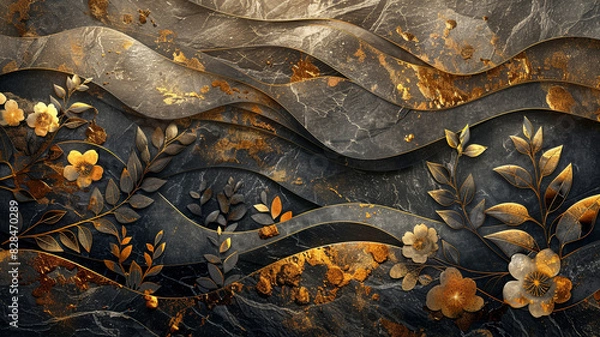 Fototapeta Abstract stone art background using charcoal art. Wall art for home decor and posters, organic shapes with foliage and blossoms drawn in golden tones.