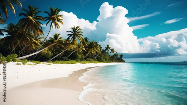 Fototapeta A pristine tropical beach with wood bed white sand and crystal-clear turquoise water. Palm trees line the shore, gently swaying in the breeze. The sky is bright blue with a few fluffy clouds,