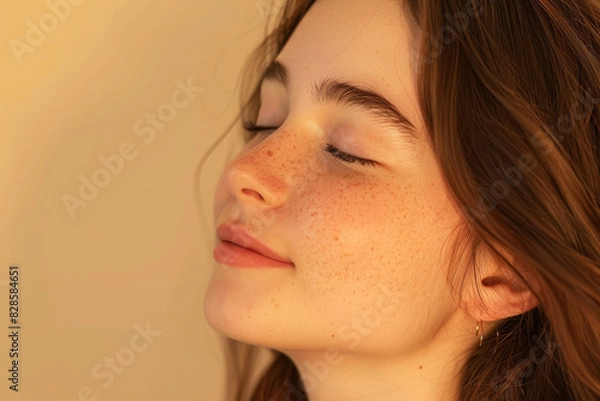 Fototapeta A close up of a woman's face with her eyes closed looking to a side