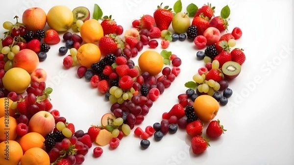 Fototapeta Fruits gathered into a heart form and displayed from above on a blank white background