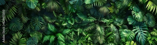 Fototapeta Lush jungle with dense tropical foliage, flat design, top view, paradise theme, 3D render, Analogous Color Scheme