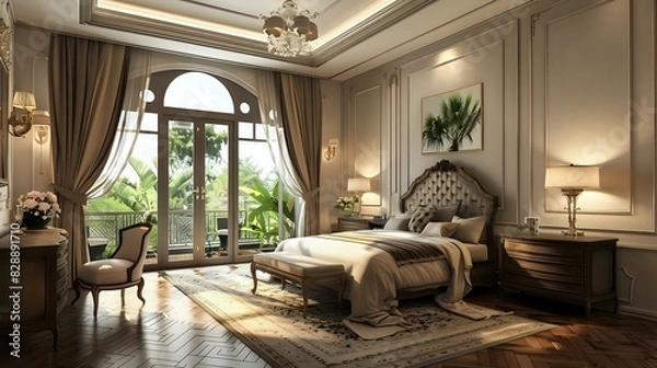 Fototapeta a beautiful bedroom with dressing table in front of the bed having a wide window and elegant ceiling